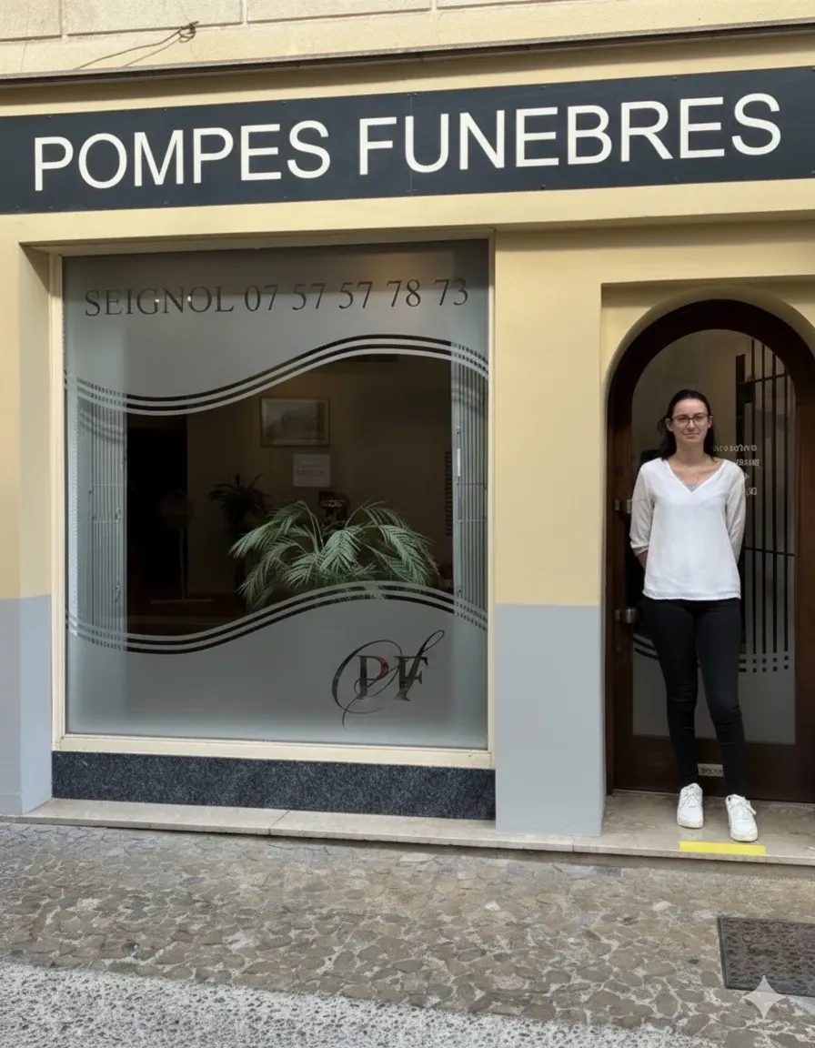 Devanture d'agence de pompes funèbres Seignol avec conseillère à l'entrée.