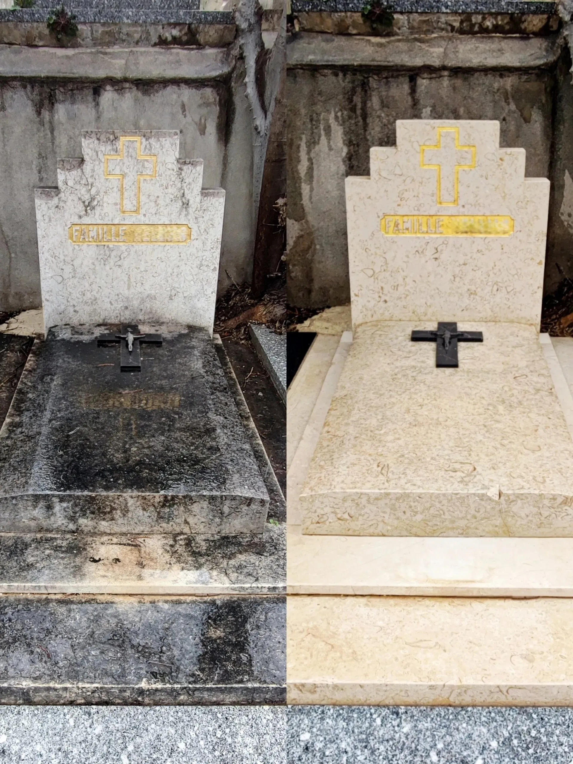 Nettoyage et rénovation d'une tombe ancienne en pierre avec une croix dorée.