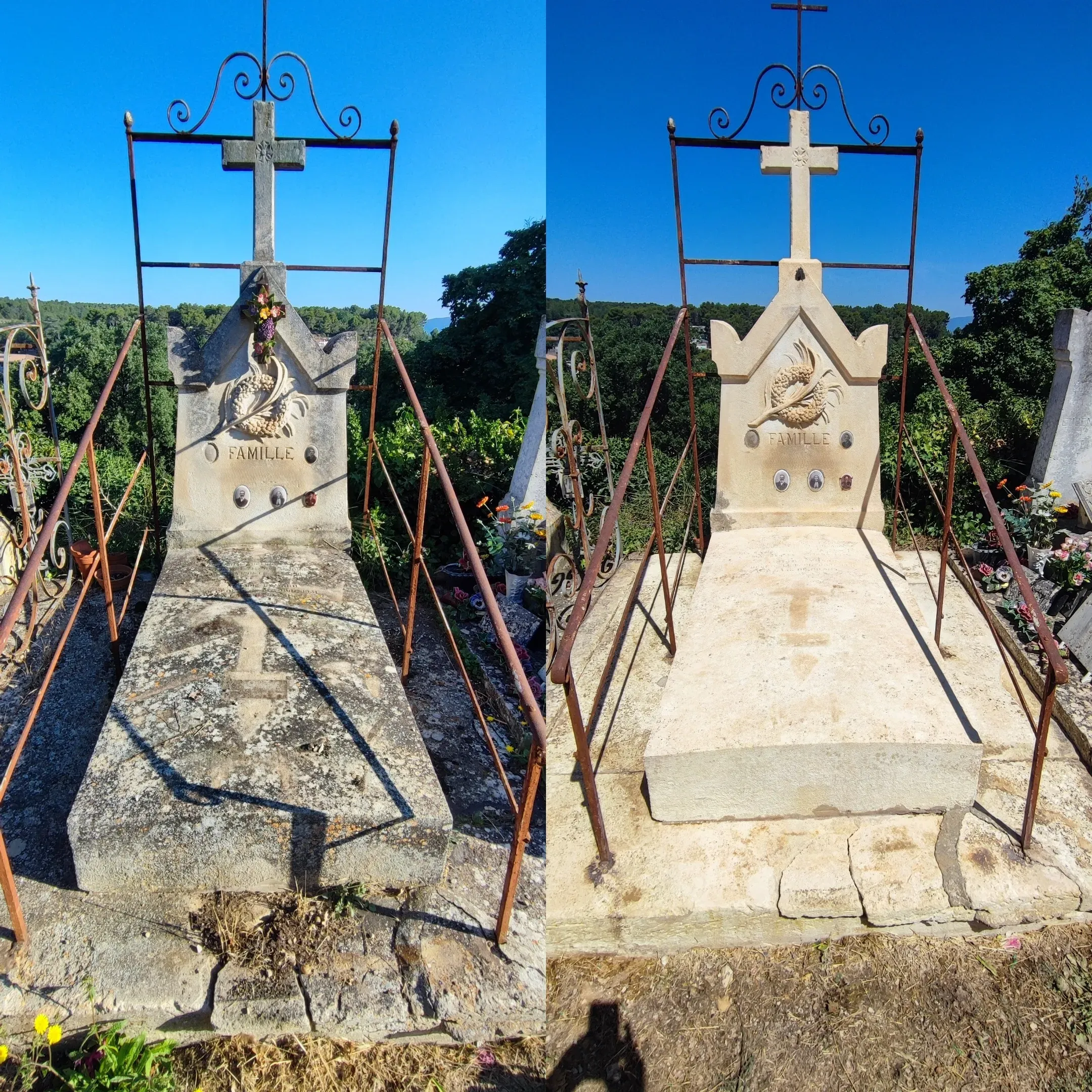 Nettoyage complet d'une tombe ancienne en pierre surmontée d'une croix en fer.