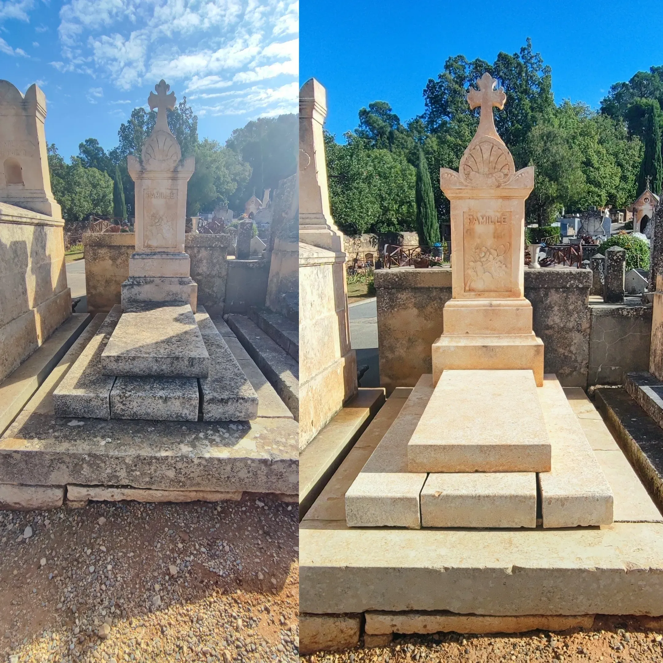 Rénovation et nettoyage complet d'un monument funéraire en pierre dans un cimetière.